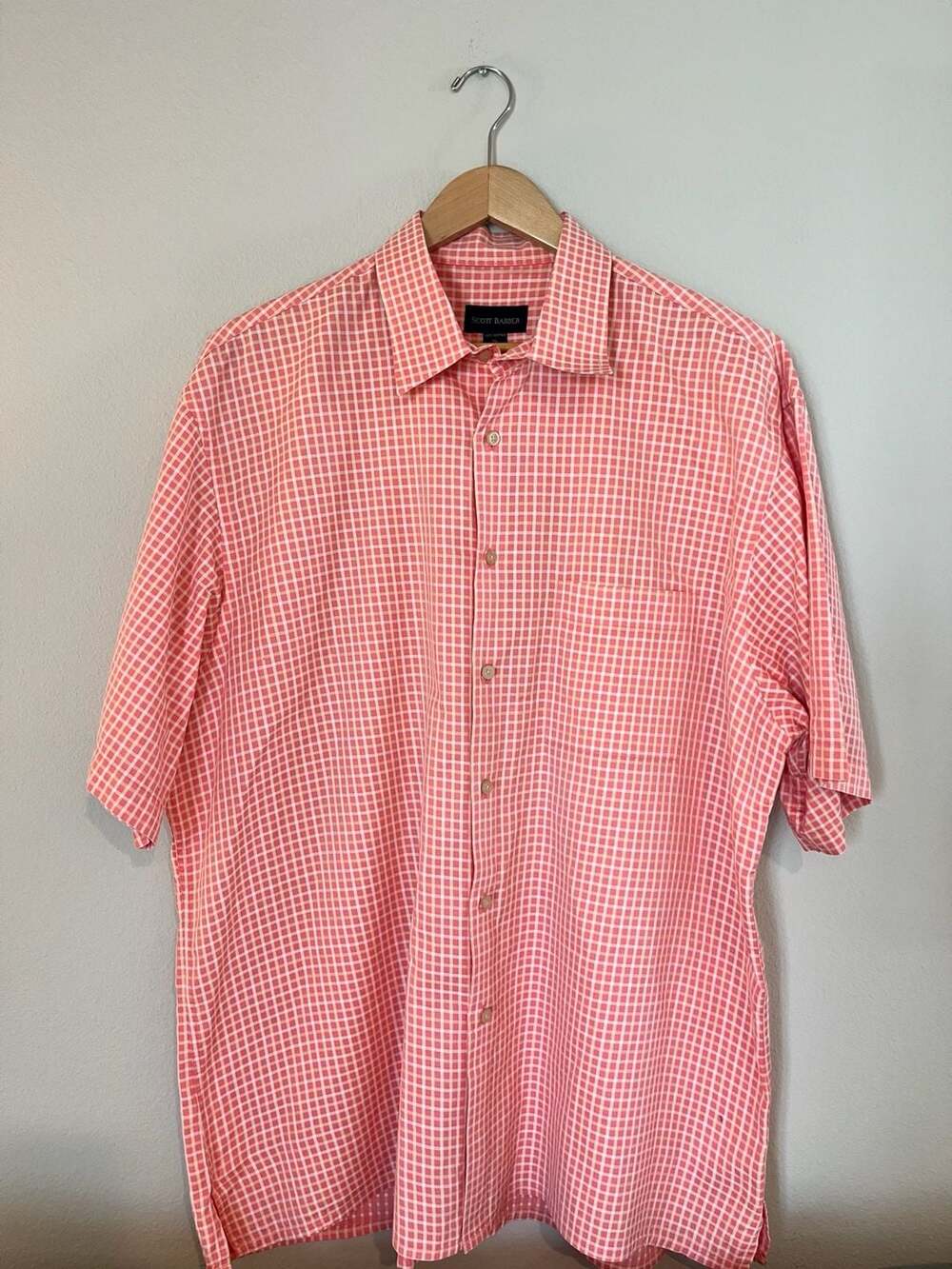 Scott Barber, Gingham Short Sleeve Button Down, Preppy Old Money, Orange/Pink,XL